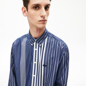 Lacoste Variegated-Stripe Relaxed Cotton Shirt Pánské - Šortky Tmavě Blankyt Blankyt / Bílé | CZ-uzK